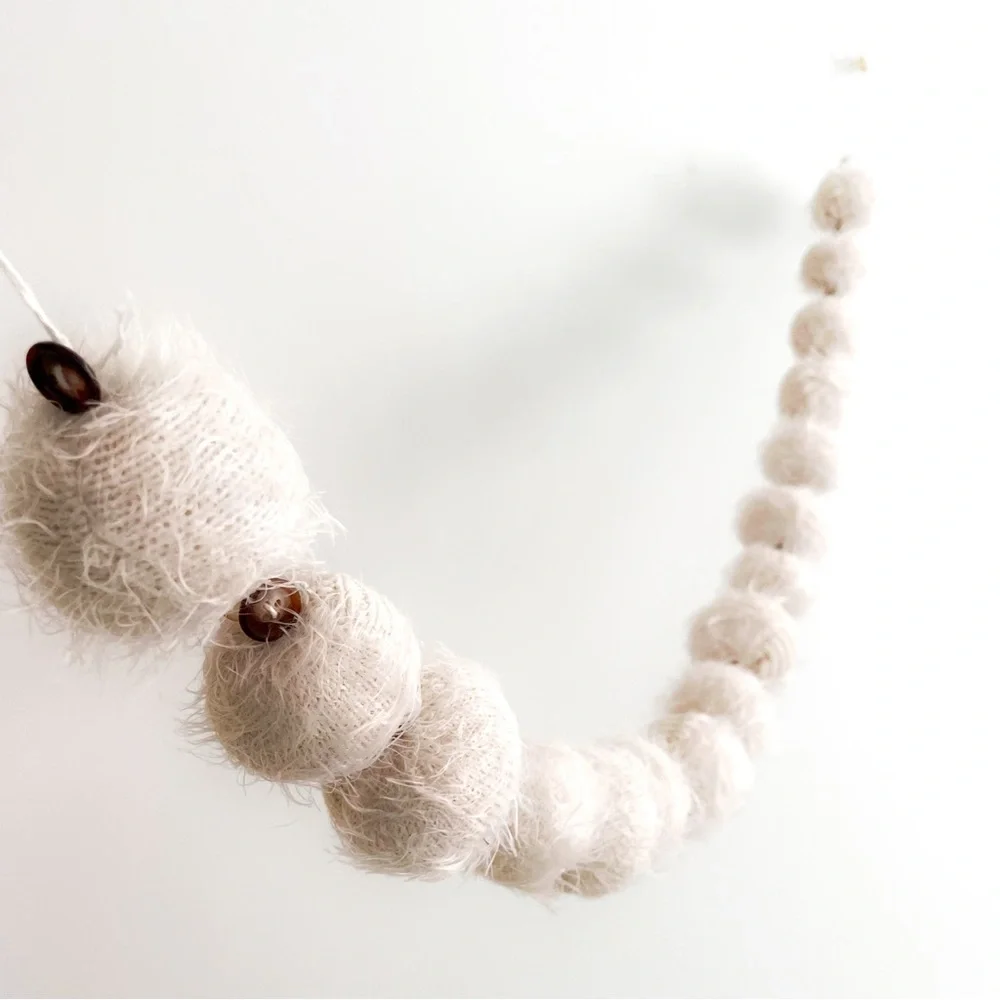 Upcycled Handmade Snowball Garland with Buttons for Holiday Winter Home Decor